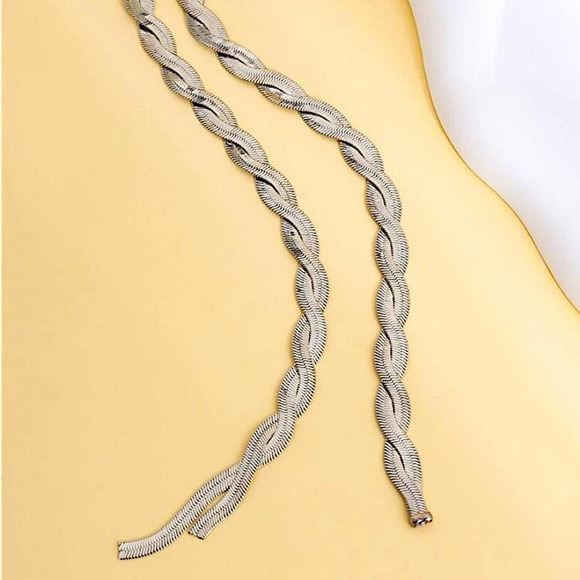 Y Lariat Sterling Silver Twisted Herringbone Statement Necklace Choker - Picture 4 of 5